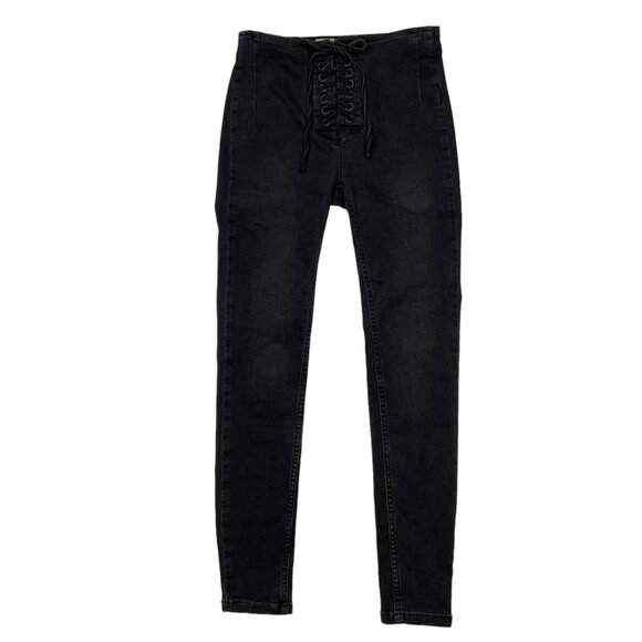 Free People Lace up Skinny Jeans 24 Distressed Black Cropped Retro Bohemian - Picture 1 of 11